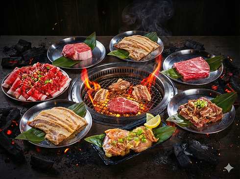 各种烤肉,烤炉上火焰燃烧,周围摆放着不同种类的肉,RHBBQ2。